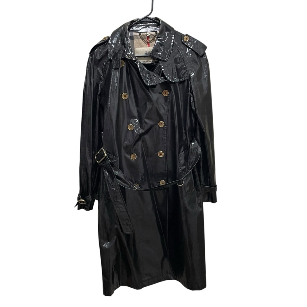 Burberry London Glossy Belted Double Breasted Trench Coat Black Women Size 12